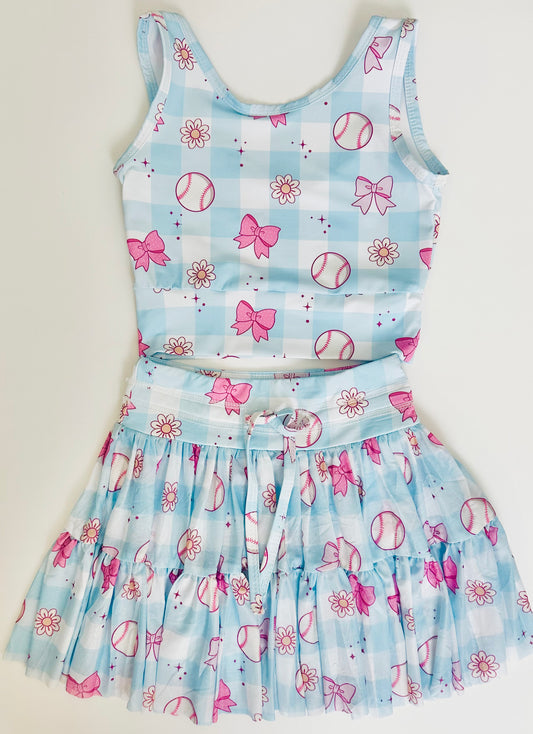 Blue Gingham baseball tulle set